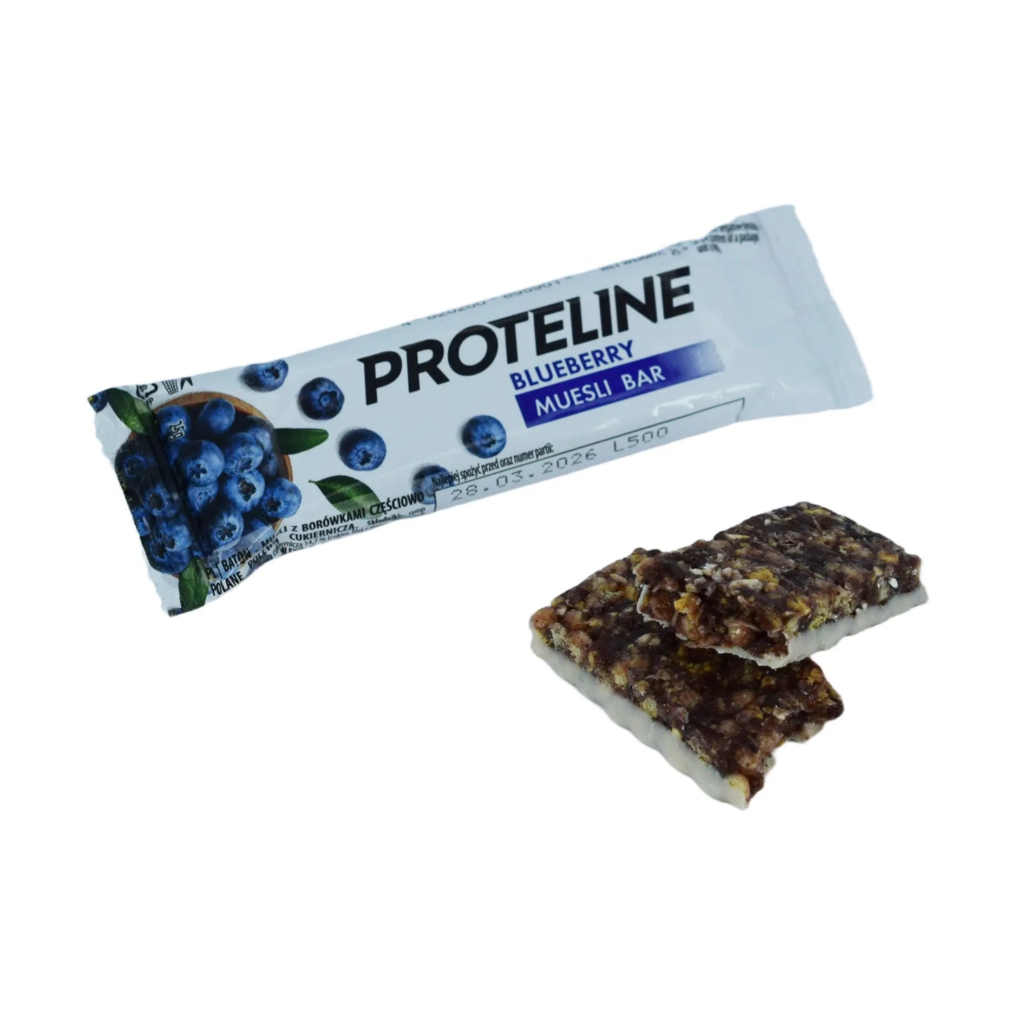 Bar – muesli with blueberries partially glazed with confectionery glaze (25g) Protein bar