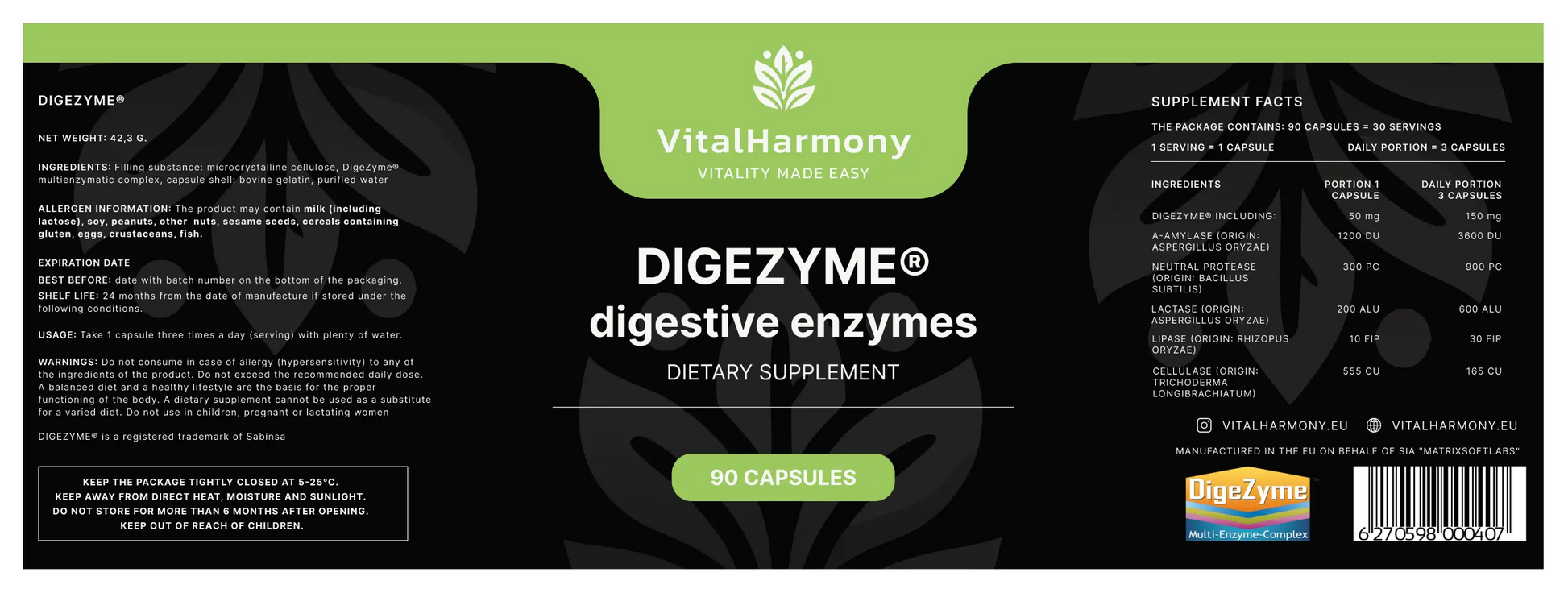 VitalHarmony DigeZyme® digestive enzymes 90 capsules VitalHarmony